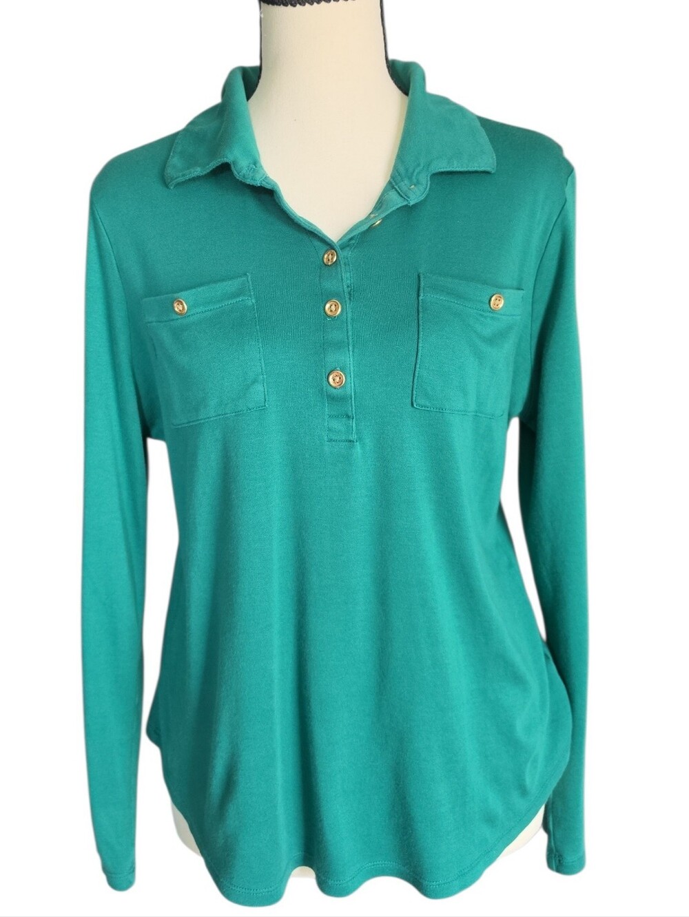 Talbots Teal Green Long-Sleeve Polo Top with Gold Buttons